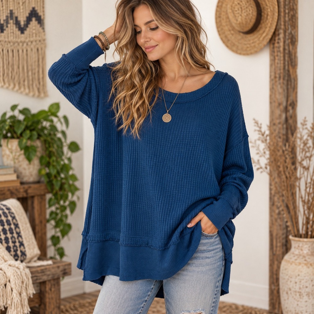 We The Free North Shore Thermal Knit Tunic Top Sz S Blue Oversized Waffle Boho